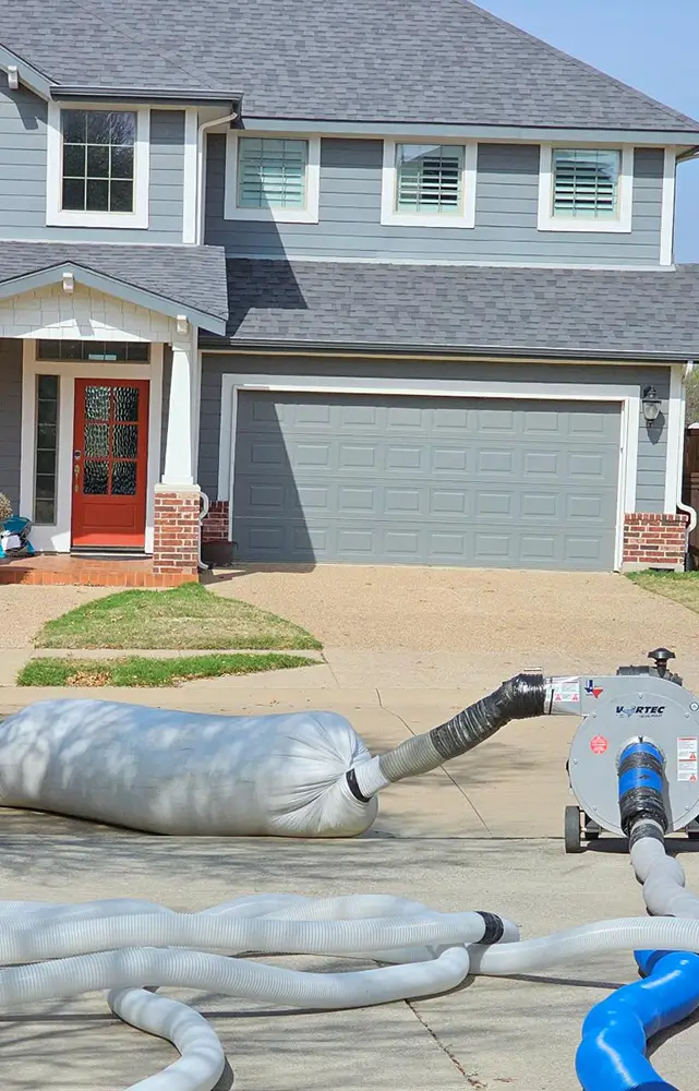 Collar removal bag connected to vacuum hose on residential job site